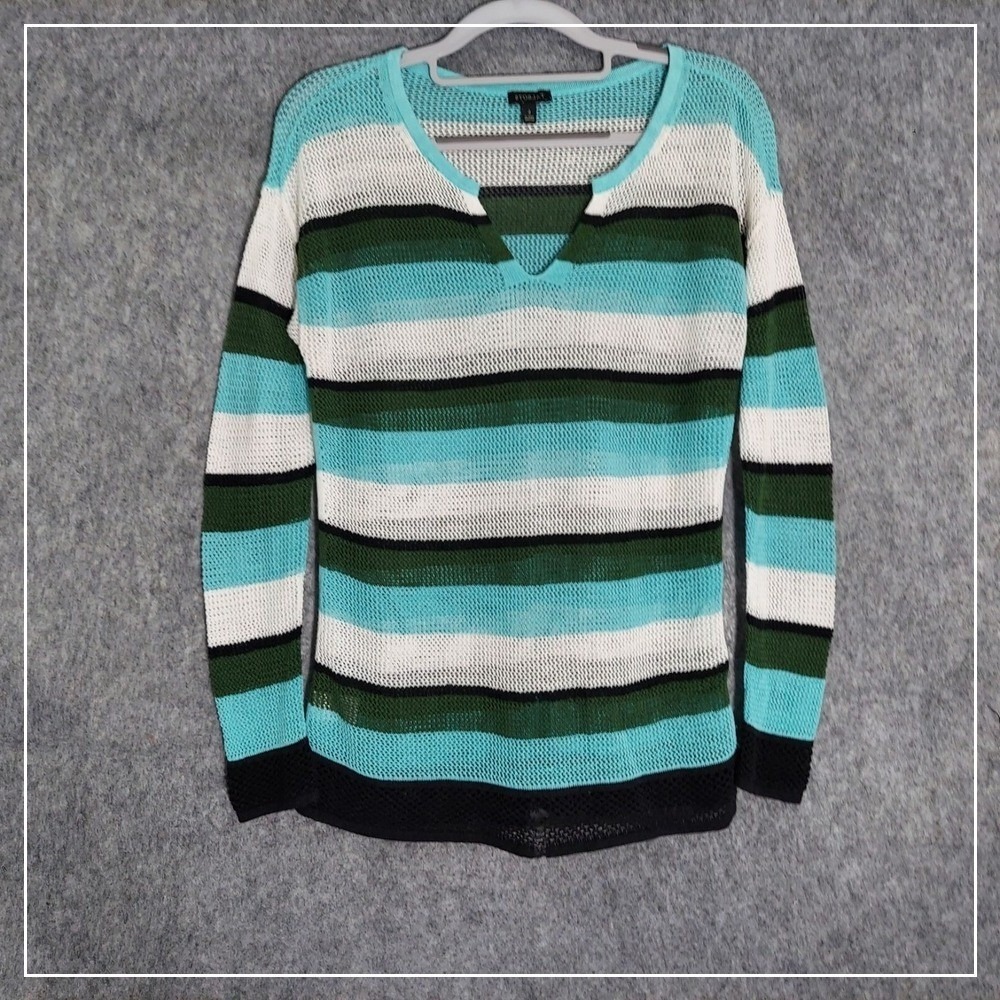 Talbots Top S Blue Linen Nautical Striped Mesh Open Knit Lightweight Long Sleeve